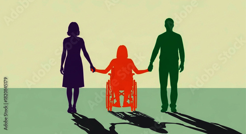 Silhouette of a Person in Wheelchair Holding Hands with Two Others.