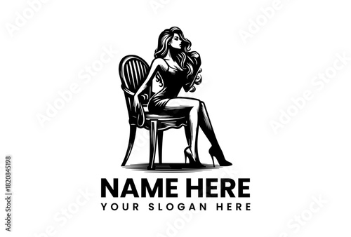 Classic beauty emblem of an elegant woman sitting on a chair, a monochrome vintage style vector logo illustration