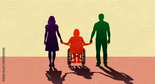 Silhouette of a woman in a wheelchair holding hands with a man and a woman.
