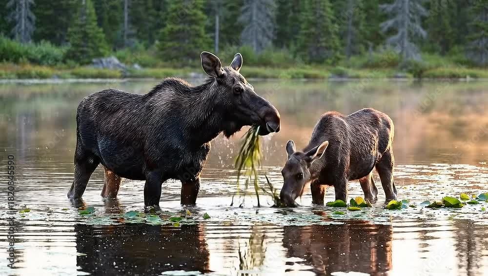 Two moose are drinking water from a lake in a forest during the daytime ...