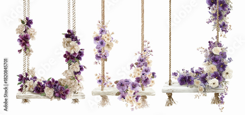 Set of watercolor wooden swings decorated with flowers. Swings on a rope are decorated with bunches of flowers in pastel colors. Perfect for wedding invitation design, romantic cards and decor.