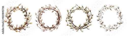 Watercolor willow branches with earrings in a round frame. Spring greeting card design for Easter with delicate flowers on an isolated background. Vector illustration.