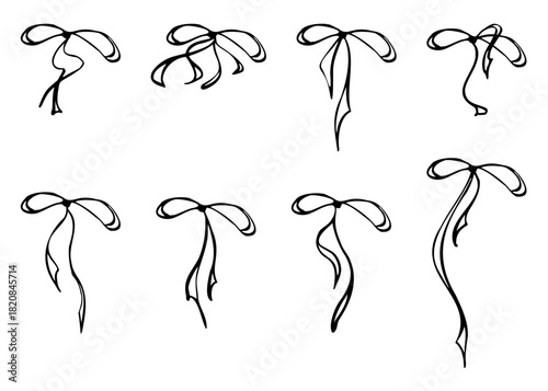 Luxury thin string ribbon bows tied in sleek loops ang hanging tails. Vector elegant set hand drawn in ink. Ideal for premium branding, cosmetics packaging, boutique tags, minimalist product design.