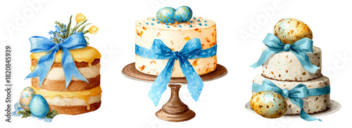 Watercolor Easter cake set. Festive two-tier cake made of sponge cake and cream decorated with Easter eggs and blue ribbon with bow. Vintage Easter desserts. Festive pastries and desserts.