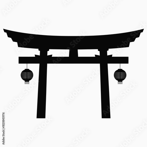 Black Silhouette of a Japanese Torii Gate with Lanterns