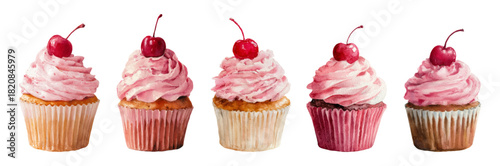 Watercolor set of cherry cupcakes with lush pink cream. Dessert decorated with bright red cherries. Cupcakes served in paper molds. Sweet desserts with cream and cherries. Vector illustration.