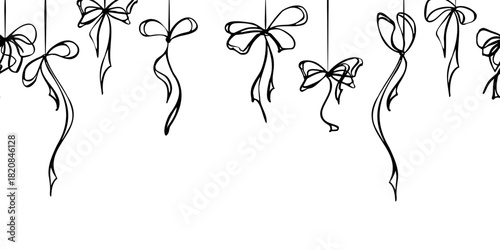 Hanging silk ribbon bows with long elegant tails, hand drawn in ink, aligned in romantic border line. Vector seamless banner illustration. Gift wrap header, celebration decor, printable divider.
