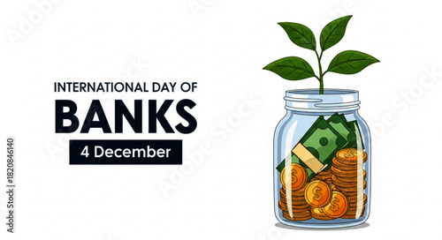 Glass Jar Filled with Coins and Bills, Growing Green Plant, Financial Growth Concept.