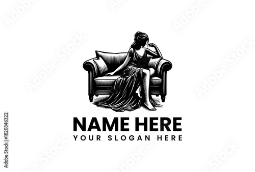 Elegant Lady Sitting On Couch Vector Logo Illustration