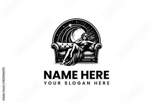 Elegant woman on a sofa with stars and moon vector logo illustration for branding