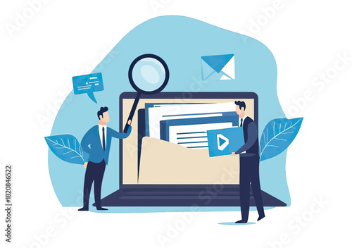 Business people examining digital files on laptop screen with magnifying glass and folder icons in flat minimalist style for file search and data management concept