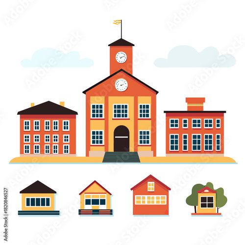 Flat minimalist vector illustration of school building with clock tower and small houses set isolated on white background educational architecture design concept