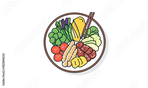 Colorful balanced plate with grilled chicken, beef steak, mixed vegetables, and pineapple slices in flat minimalist vector style