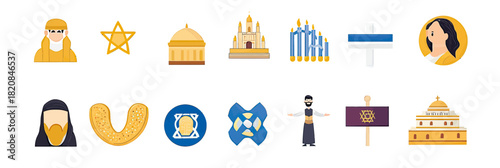 Flat minimalist vector icons set representing Jewish culture and religion including orthodox man and woman, Star of David, synagogue, menorah, challah bread, Torah scroll, dreidel, and Israel flag