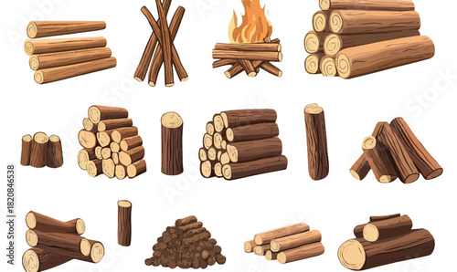 Set of cartoon firewood log piles and bundles with bonfire illustrations isolated on white background in flat minimalist vector style for outdoor wood and camping concept