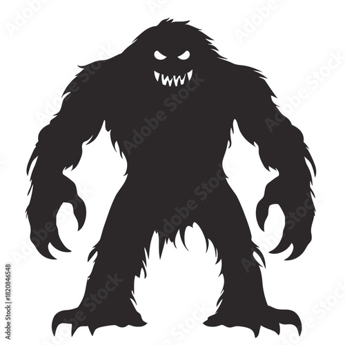 Silhouette of fierce hairy monster with sharp teeth and claws standing full body black flat minimalist vector design isolated on white background