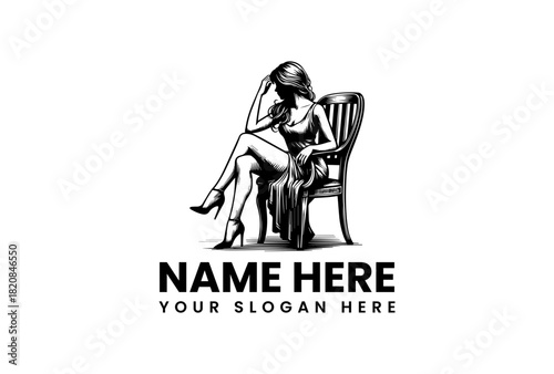 A classic black and white drawing of a beautiful woman sitting on a chair vector logo illustration