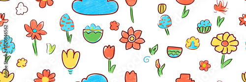 Seamless hand drawn doodle pattern of colorful flowers clouds leaves and abstract elements on white background for kids design and playful decor vector illustration