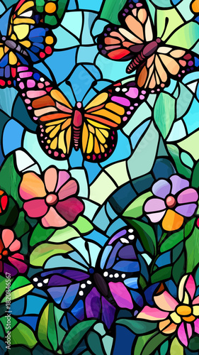 Colorful stained glass style vector illustration of vibrant butterflies and blooming flowers with blue sky background in flat minimalist design