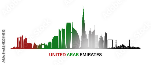 UAE Skyline Vector with Dubai and Abu Dhabi Landmarks in National Flag Colors. Flat Vector Illustration. Best for UAE Themed Designs