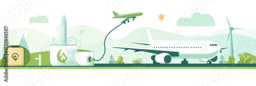 Sustainable aviation concept with airplane charging from renewable energy sources including wind turbine and eco friendly fuel station in flat minimalist style vector illustration