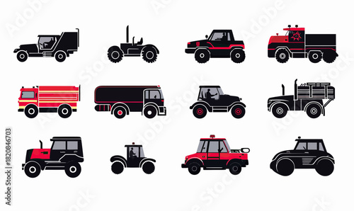 Set of flat minimalist vector icons featuring fire trucks, police trucks, tractors, off road vehicles, and utility trucks in black and red color scheme on white background
