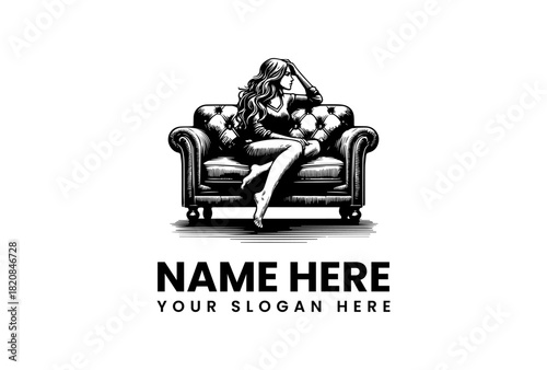 Vintage style sexy woman sitting on a classic armchair with a soccer ball vector logo illustration