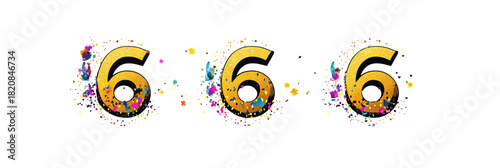 Golden number 6 icons with colorful confetti and star sparkles celebration symbols set on white background for anniversary or milestone event design vector illustration