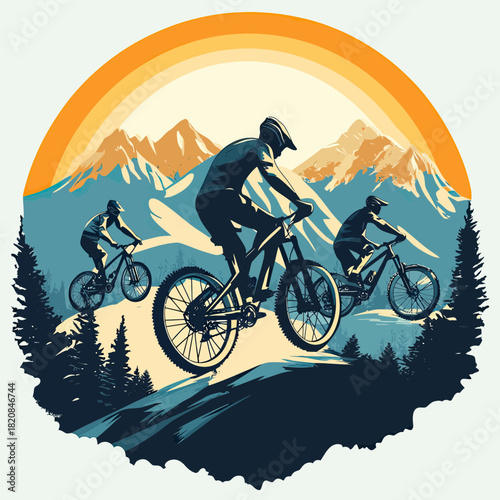 Mountain bikers riding downhill on forest trail with large rugged mountains and stylized orange sun in flat minimalist vector design for outdoor adventure and extreme sports enthusiasts