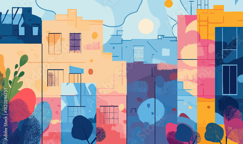 Colorful urban cityscape with multi-story buildings and vibrant abstract shapes in flat minimalist vector style artwork