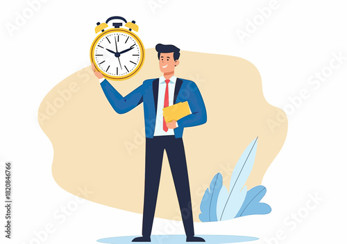 Punctual businessman in suit holding large alarm clock and folder symbolizing time management, deadline, and scheduling concept in flat vector style
