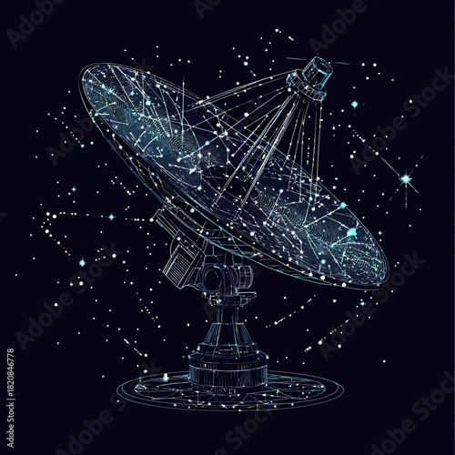 Futuristic digital wireframe radio telescope antenna with starry space background and constellation network elements in blue neon lines vector illustration