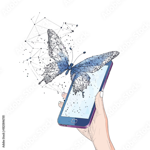 Low poly digital butterfly emerging from smartphone screen held in hand, polygonal wireframe technology and connection concept vector illustration