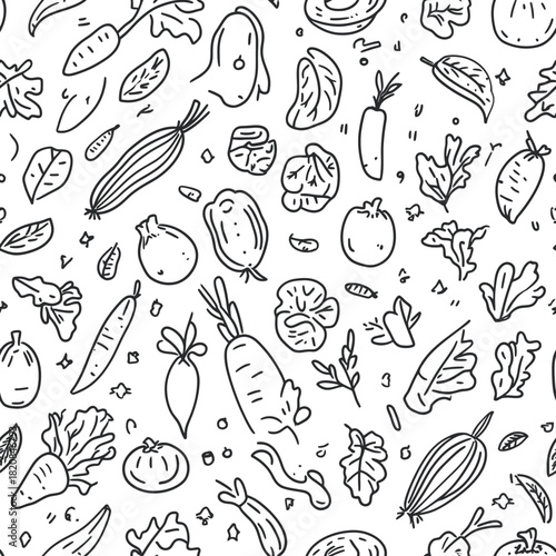 Hand drawn seamless pattern of black and white doodle vegetable sketches with carrot, tomato, onion, chili, lettuce leaves in minimalist vector line art style background for textile fabric printing