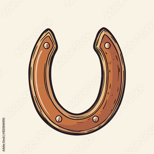 Hand drawn wooden horseshoe clipart with screws in comic doodle style for western cowboy and lucky charm symbol vector illustration