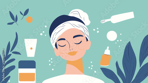 Woman with towel wrapped on head enjoying skincare routine with face cream, serum dropper, toothbrush, and natural leaves in flat minimalist style vector illustration