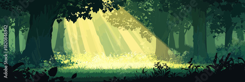 Sunlight rays illuminating dense green forest floor with tall trees and lush foliage in flat minimalist vector style digital art
