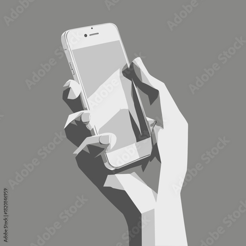 Low poly monochrome hand holding smartphone with blank screen in minimalist geometric vector style on gray background for technology concept design