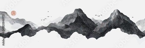 Black ink mountain range landscape with mist clouds and flying birds in traditional oriental minimalist Japanese style vector illustration background