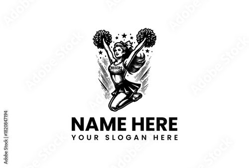 Vintage Style Cheerleader Jumping with Pom-Poms Vector Logo Illustration for Team Spirit and Enthusiasm Branding Design