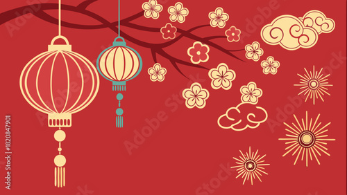 A festive Chinese New Year illustration on a bold red background: two cream-and-teal paper lanterns hang from a plum blossom branch, surrounded by scattered peach blossoms, swirling clouds, and golden