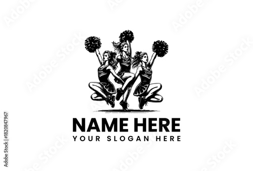 Energetic trio of cheering women, a dynamic black and white vector logo illustration capturing spirit, athleticism, and teamwork for sports branding