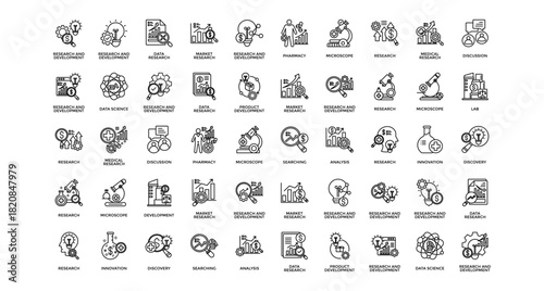 Research and development icon set collection. Containing evolution, operation, searching, charity, clinical, lab, report .Line vector icons collection
