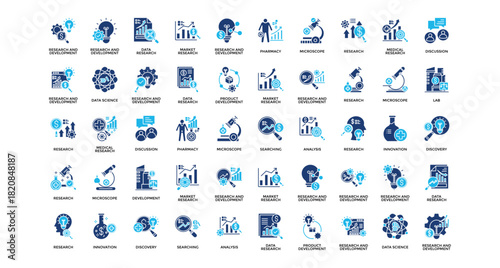 Research and development icon set collection. Containing evolution, operation, searching, charity, clinical, lab, report .Solid vector icons collection