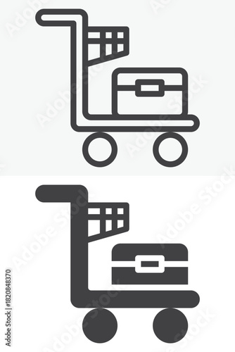 Luggage trolley line and solid vector icon set in different style