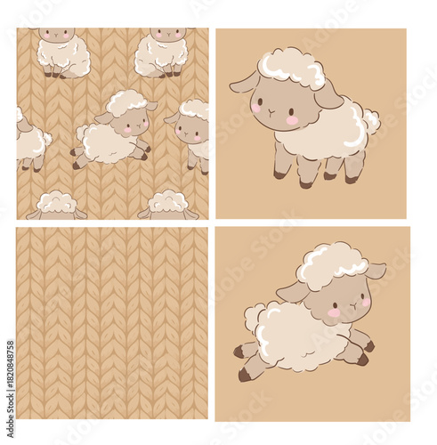 Hand drawn cute sheep pattern set kids print vector illustration