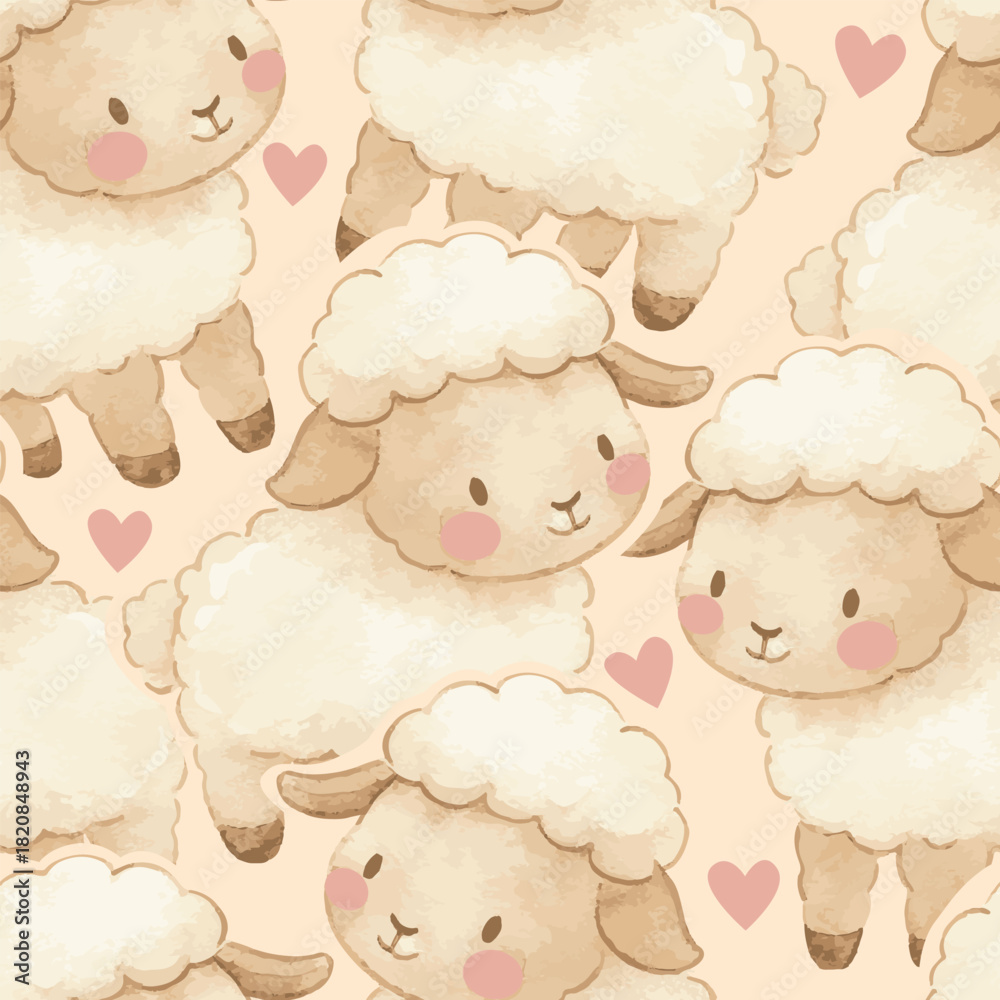 Naklejka premium Hand drawn cute sheep seamless pattern with hearts kids print vector illustration