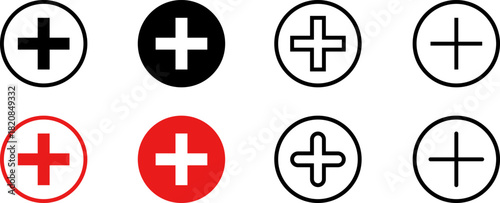 Plus add icon set. Positive sign. Horizontal line with vertical bar, plus symbol inside circle outline and solid for add actions, increase functions, quantity adjustment, controls. Vector PNG JPG