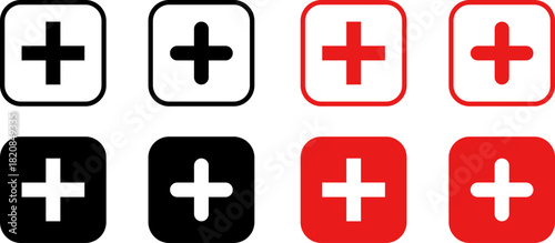Plus add icon set. Positive sign. Horizontal line with vertical bar, plus symbol inside circle outline and solid for add actions, increase functions, quantity adjustment, controls. Vector PNG JPG
