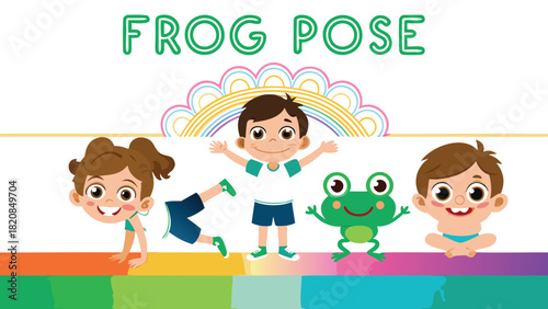 Adorable child in a playful frog yoga pose surrounded by cheerful jumping frogs creating a fun and whimsical scene perfect for children s themes and activities